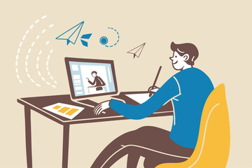Study online course, learning new skill from internet or e-learning website, training or online class for knowledge concept, young adult employee studying online course on computer laptop.