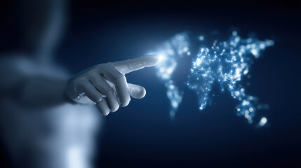 Robot hand pointing at glowing digital world map with blue light and futuristic technology concept