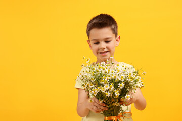 Smiling little boy with bouquet of beautiful chamomile flowers on yellow background. Space for text
