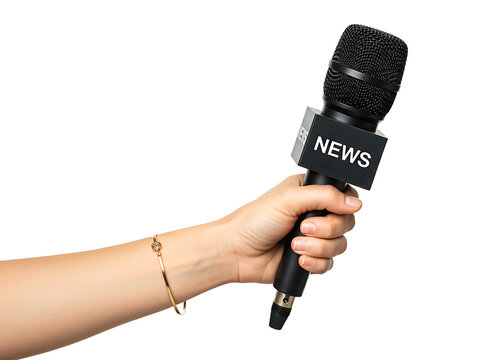 Hand holding a news microphone for broadcasting isolated on transparent background