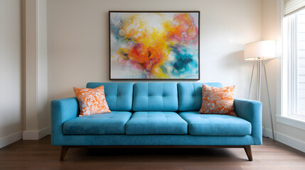 Modern living room interior with blue sofa, abstract painting, wooden floor lamp, and large window light