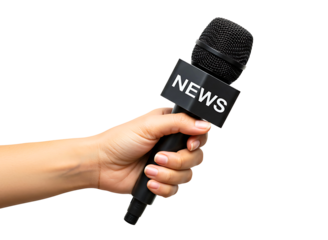 Hand holding a news microphone for broadcasting isolated on transparent background