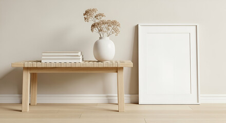 Minimalist interior design with wooden table, decorative vase, dried flowers, and empty picture frame against a light wall in modern living space