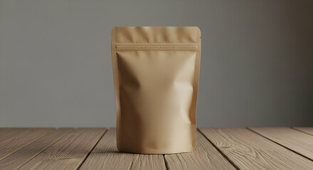 Stylish and Minimalistic Brown Packaging Bag on Wooden Table for Product Display and Branding Purposes in a Modern Setting