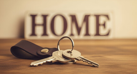 Keyring with Keys on Wooden Table with Home Sign in Background, Symbolizing New Beginnings and Warmth of Family Living Spaces