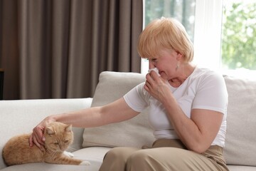 Senior woman suffering from allergy with her cat on sofa at home
