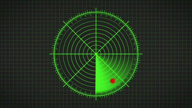 Video animation of a radar screen in green with scanning beam on dark background. Virtual dashboard interface in a seamless loop.