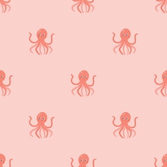 Cute pink Octopus seamless vector pattern. Patel color background. Vector illustration cartoon flat style.