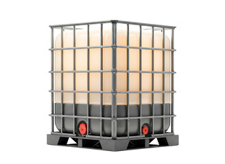 Large black plastic intermediate bulk container with metal cage isolated on transparent background