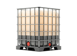 Large black plastic intermediate bulk container with metal cage isolated on transparent background