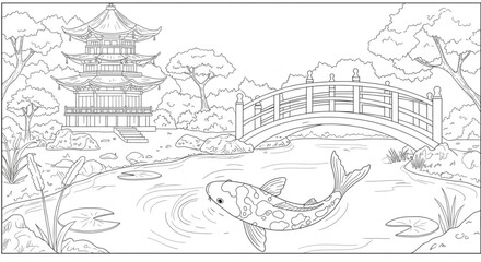 Obraz premium Serene Asian Garden Coloring Page Koi Pond, Pagoda, and Bridge