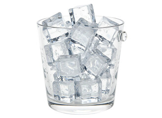 Clear glass bucket filled with many clear ice cubes isolated on transparent background