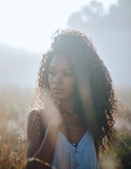 vintage instant film-style photograph of a young woman, featuring faded colors, soft natural lighting, and analog-inspired imperfections: light leaks, subtle fingerprints, and gentle motion blur