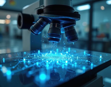 Microscope lens focuses complex network of glowing blue nodes connections on glass surface. Modern science lab setting. Research, tech, biotech, nanotechnology, medicine, healthcare concept. Future