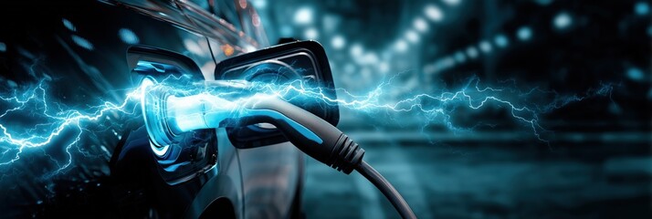The electric car is charging. Banner