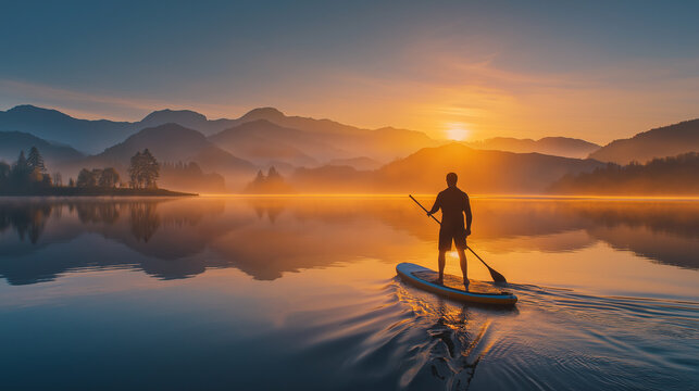 Person stand up paddleboarding at sunrise on a calm lake