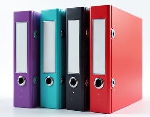 Illustration shows four ring binders, arranged together in vibrant colors. Purple, turquoise, black, red office supplies, for paperwork, business, education, organized workspace.