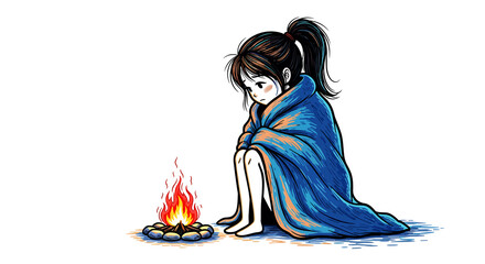 Girl wrapped in a blue blanket sitting outside in the freezing cold near a small campfire - isolated white background cartoon illustration