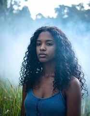 vintage instant film-style photograph of a young woman, featuring faded colors, soft natural lighting, and analog-inspired imperfections: light leaks, subtle fingerprints, and gentle motion blur