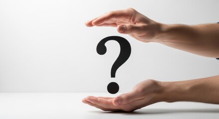 A man's hand holds a black question mark symbol, with another hand hovering above. Symbol of doubt, uncertainty, or solution search for support concept.