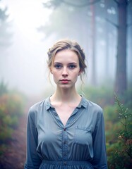 vintage instant film-style photograph of a young woman, featuring faded colors, soft natural lighting, and analog-inspired imperfections: light leaks, subtle fingerprints, and gentle motion blur