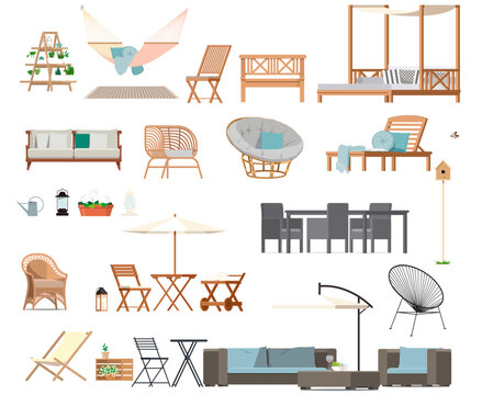 Set of isolated garden furniture made of rattan, wood, vine. Cozy wicker chairs, umbrellas, sun loungers, sofas, tables.
