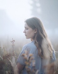 vintage instant film-style photograph of a young woman, featuring faded colors, soft natural lighting, and analog-inspired imperfections: light leaks, subtle fingerprints, and gentle motion blur