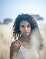 vintage instant film-style photograph of a young woman, featuring faded colors, soft natural lighting, and analog-inspired imperfections: light leaks, subtle fingerprints, and gentle motion blur