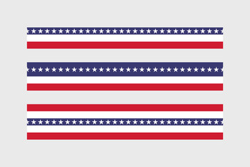 Red and blue striped border with stars. USA flag ribbon for patriotic Independence Day design