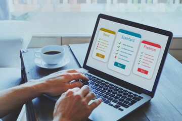 subscription plan for online service, SaaS concept software as a service, man choosing online education course, buy streaming access