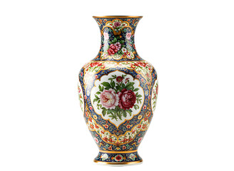 Ornate porcelain vase with floral patterns isolated on transparent background