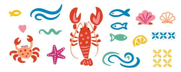 Clipart with cute lobster, crab and seashells