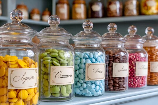 Colorful candies filling glass jars on shelf displaying variety of sugary treats