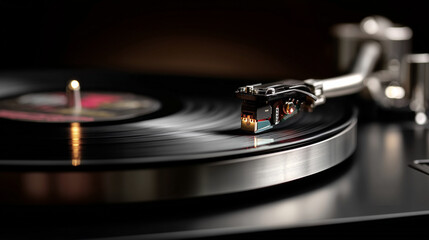 Vinyl turntable loop with stylus drop and text-ready left space.
