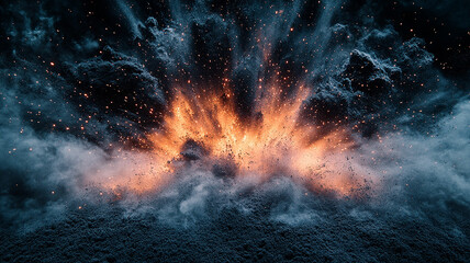 Abstract burst of dark, textured particles with a vibrant highlight. Dramatic explosion with a dark foreground and bright orange light.