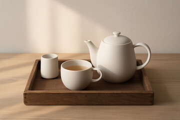 Minimalist tea set on a rustic wooden tray with soft morning light, japandi wall art