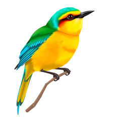 Fototapeta premium Vibrant Yellow and Blue-Green Stylized Bird Perched on a Branch