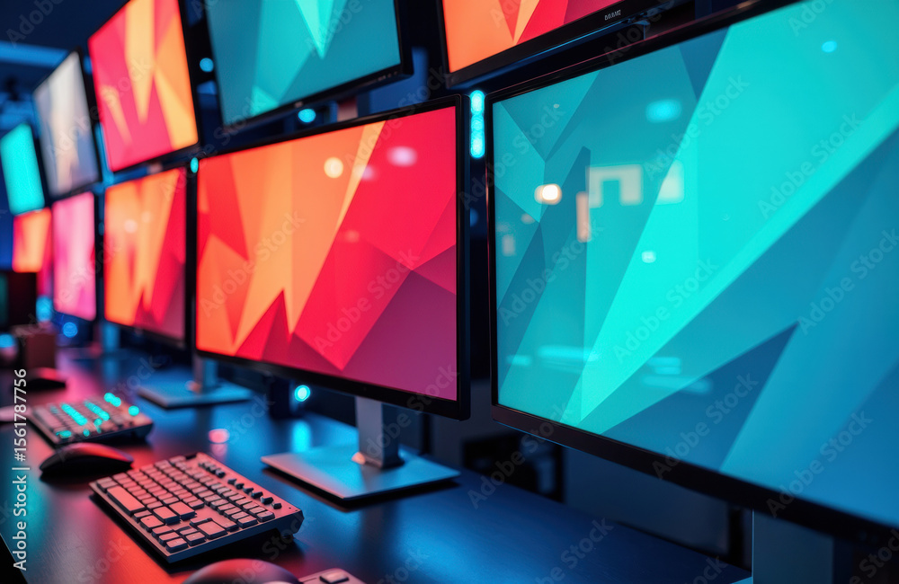 Fototapete multiple computer monitors display colorful abstract graphics in a modern workspace