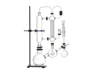 Scientific laboratory distillation apparatus with glass flasks and condenser isolated on transparent background