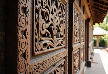 Intricately carved wooden panels decorate the exterior of a traditional building, showcasing detailed craftsmanship and cultural artistry
