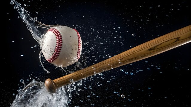 Wooden Bat Hitting Baseball Creating Dramatic Splash