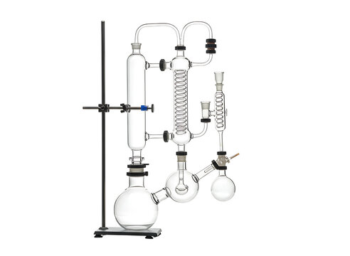 Scientific laboratory distillation apparatus with glass flasks and condenser isolated on transparent background