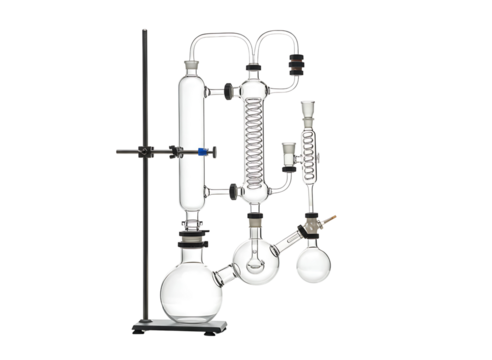 Scientific laboratory distillation apparatus with glass flasks and condenser isolated on transparent background