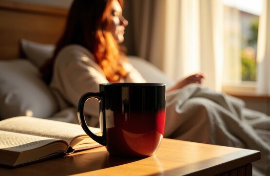 Woman relaxing on sofa with coffee mug and open book in cozy home setting