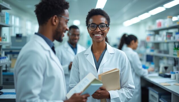 Smiling young black scientist woman in white coat glasses holds test books in medical laboratory. Diverse team specialists, happy face, medical research concept.