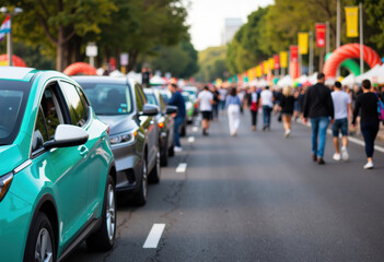 Obraz premium Crowded street scene with parked cars and pedestrians during an outdoor event or festival