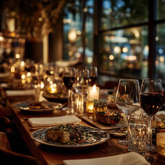 Fototapeta premium Elegant Dinner Table Setting in Cozy Restaurant