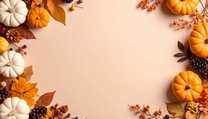 Fototapeta premium Autumn harvest celebration with pumpkins and leaves seasonal decor cozy home environment top-down view festive concept