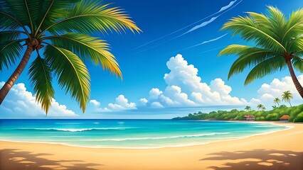 Obraz premium Tropical beach palm trees turquoise ocean clear blue sky