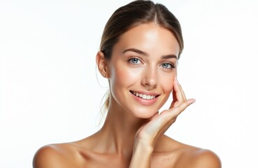 Portrait beautiful young woman with perfect clean skin. Natural makeup on female face, healthy skin care. Isolated white background. Wellness, beauty concept, smooth soft skin, fresh healthy look.